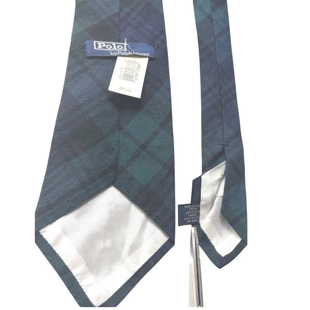 Polo Ralph Lauren Necktie One Size Green Navy Black Watch Plaid Tartan Tie - Picture 3 of 6